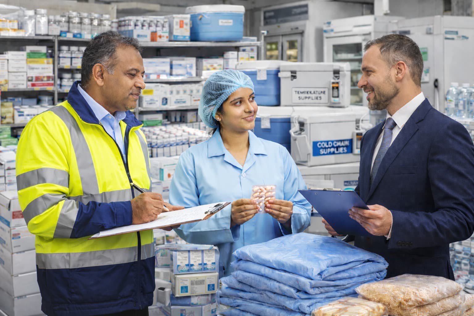 Medical team - three healthcare professionals with clipboard